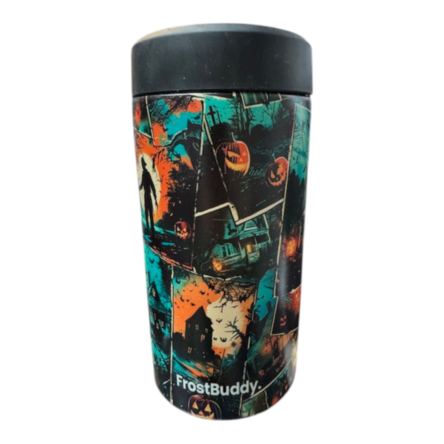 Travel mug with Halloween-themed design and 'FrostBuddy' branding on a white background