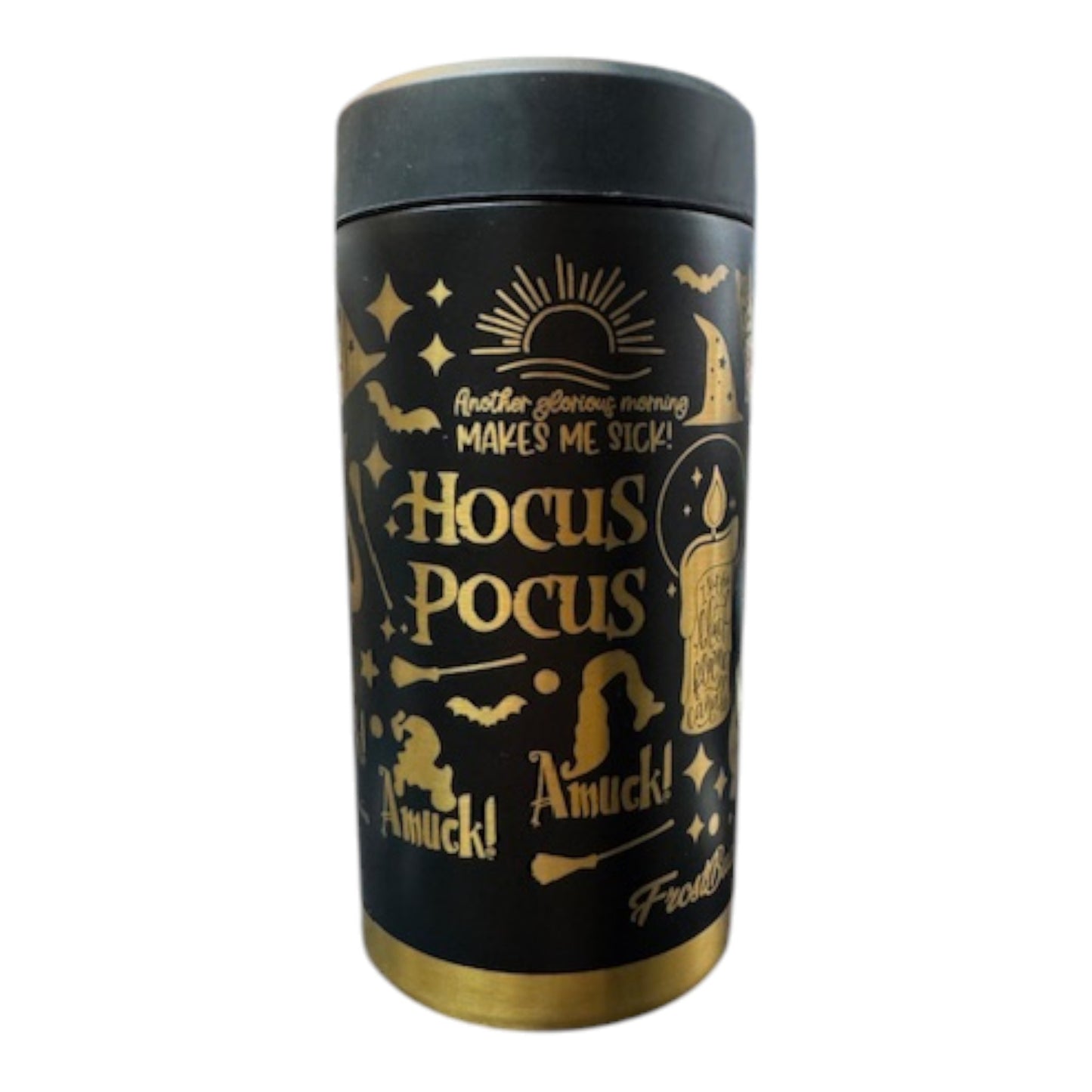 Black tumbler with gold 'Hocus Pocus' text and graphics on a white background