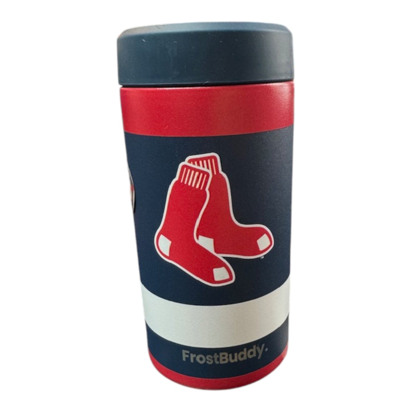 FrostBuddy tumbler with red and blue design on a white background