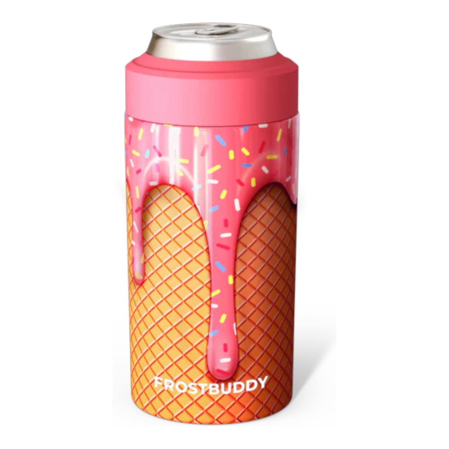 Frostbuddy ice cream cone-themed can cooler on a white background