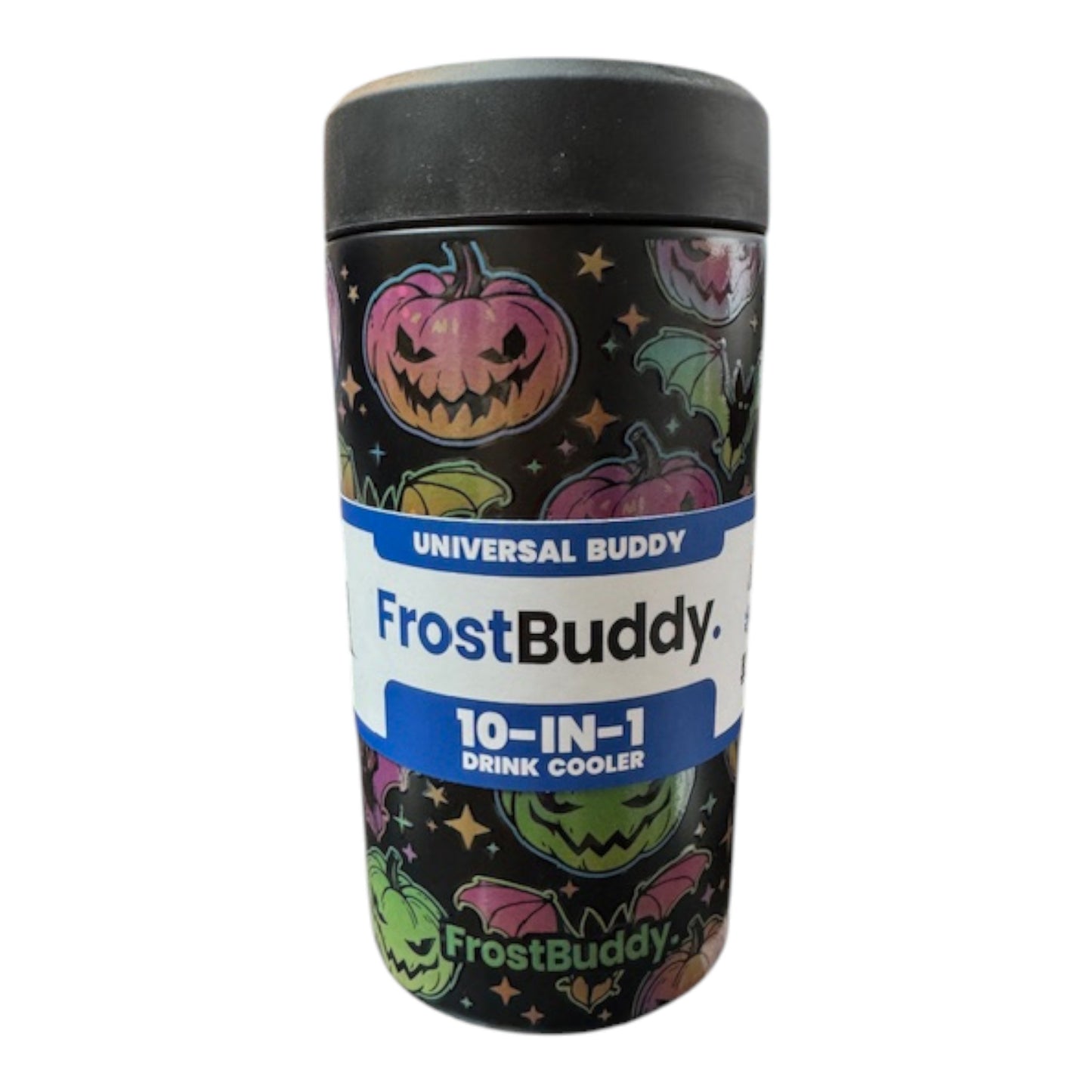 FrostBuddy drink cooler with Halloween-themed design on a white background