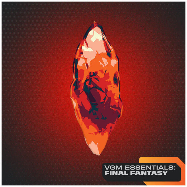 Geometric crystal design with 'VGM Essentials: Final Fantasy' text on a red and black background