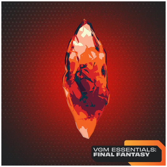 Geometric crystal design with 'VGM Essentials: Final Fantasy' text on a red and black background