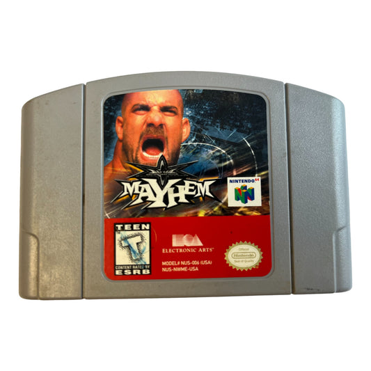 N64 game cartridge with 'Mayhem' cover featuring a character's face and Nintendo logo.