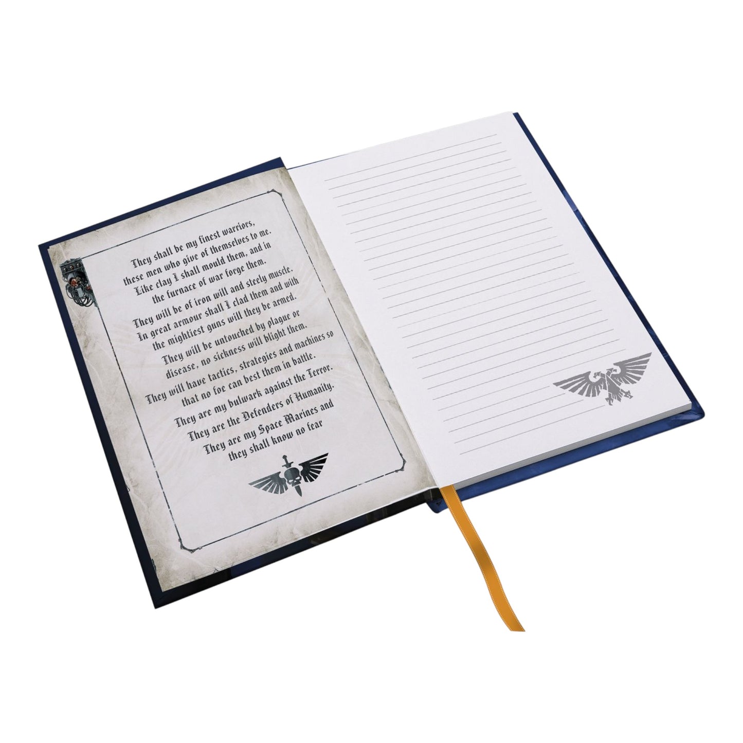 Open notebook with text and winged creature illustration on a white background