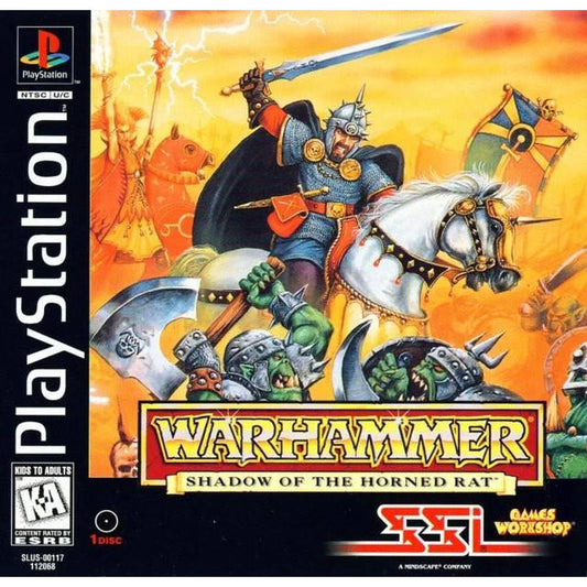 PlayStation game cover for 'Warhammer: Shadow of the Horned Rat' featuring a warrior on a horse with other characters.