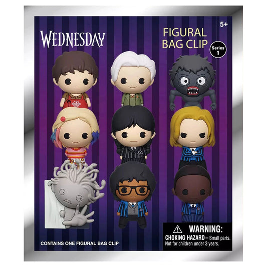 Packaging of 'Wednesday' themed figurine bag clip with characters on a purple background.