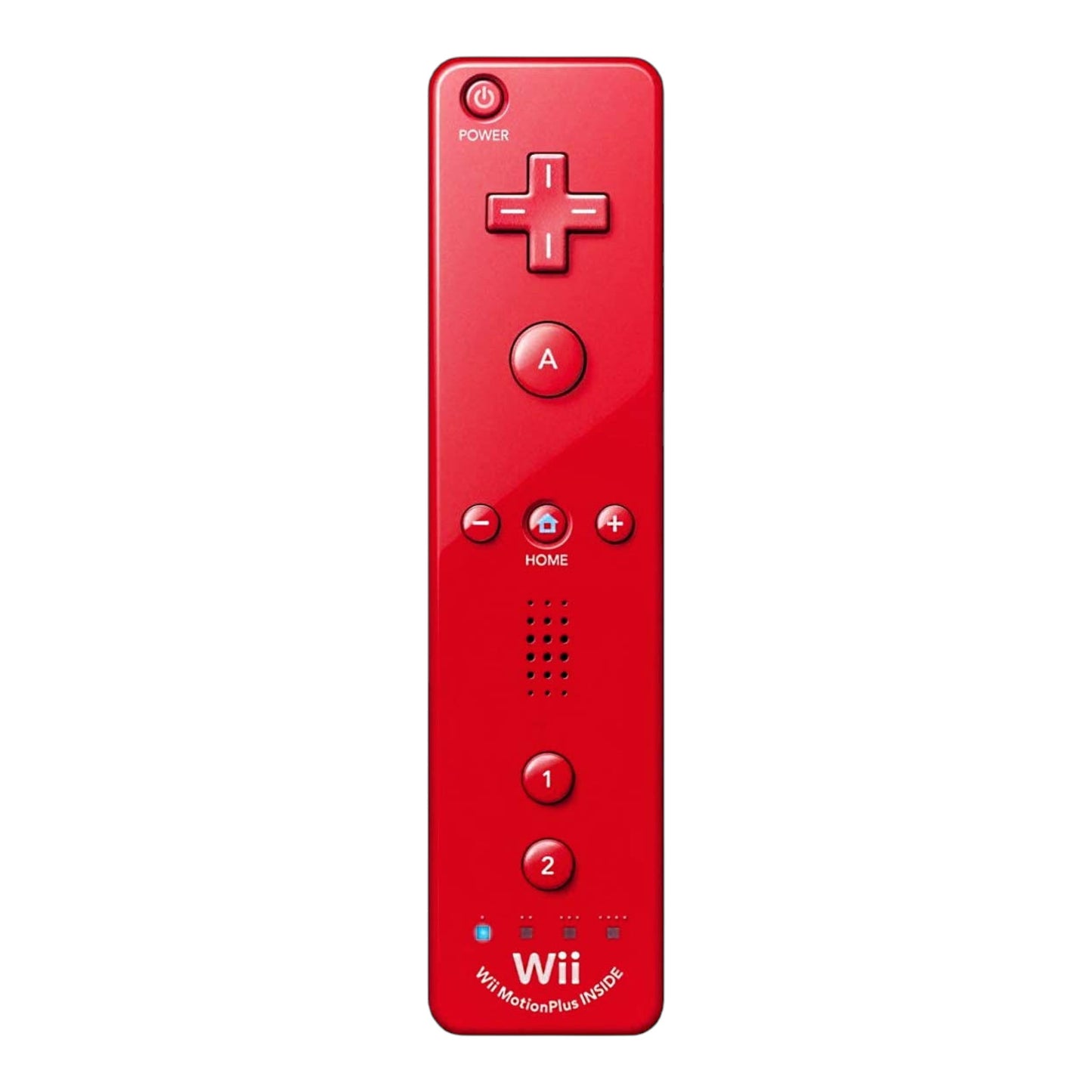 Red Wii remote control on a white background