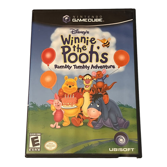 GameCube game case for 'Winnie the Pooh's Rumbly Tumble Adventure' with cartoon characters on a blue background.