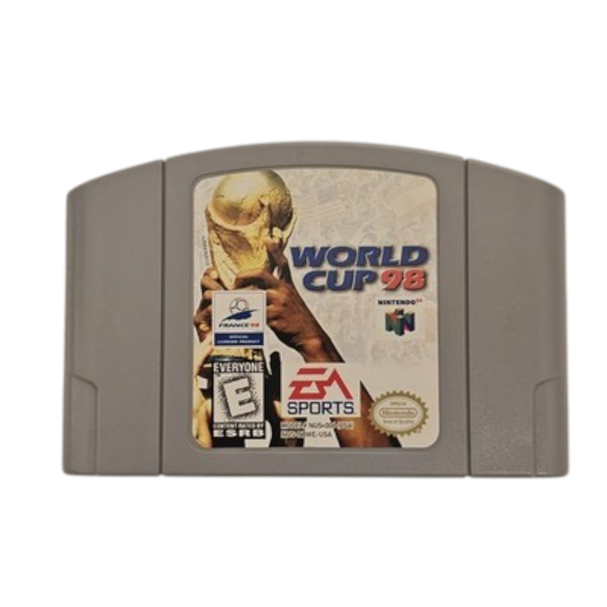 N64 game cartridge for 'World Cup 98' with EA Sports branding on a white background