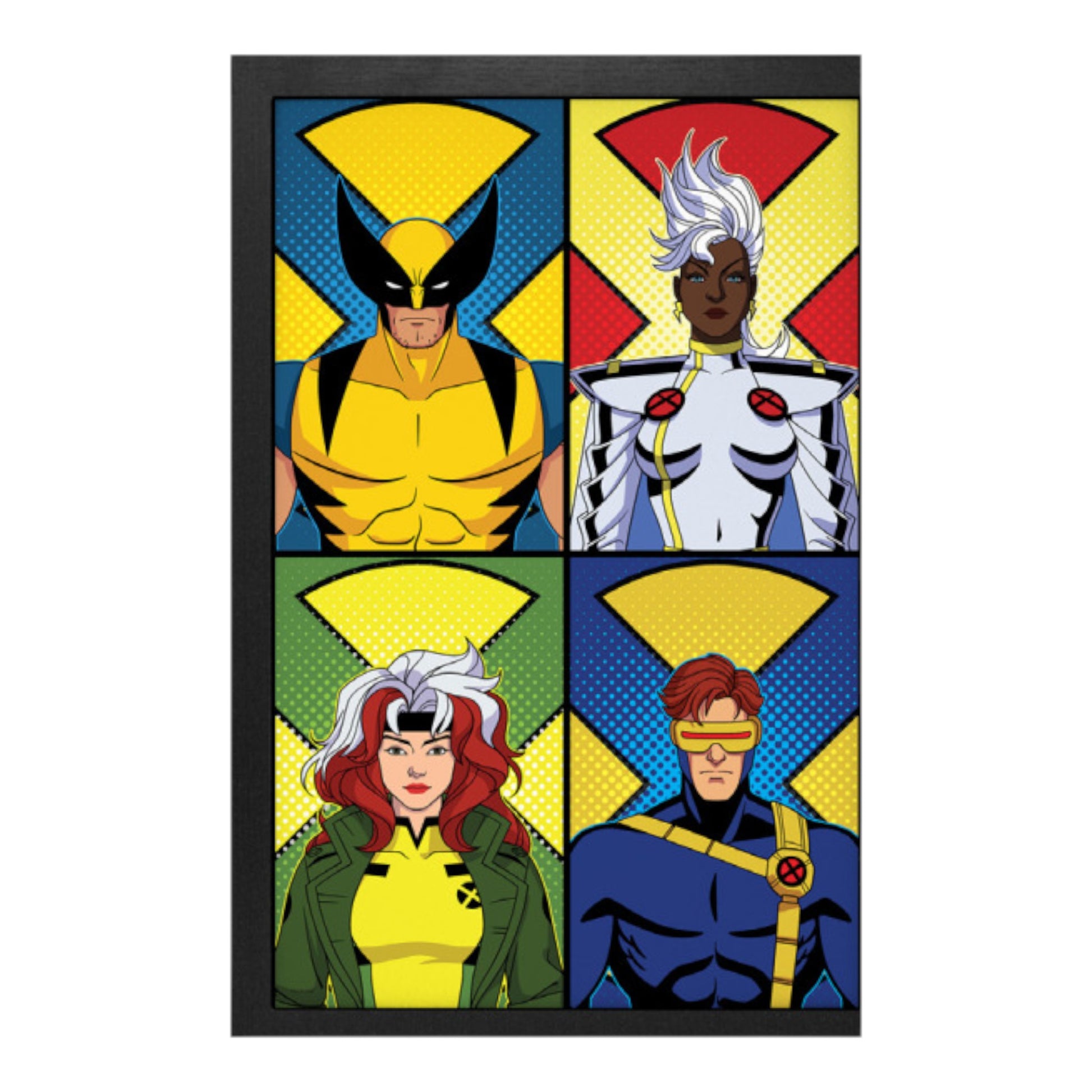 Four superhero characters in colorful panels with a black border