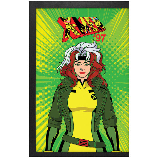 Comic book-style character with red hair and green outfit on a green and yellow background
