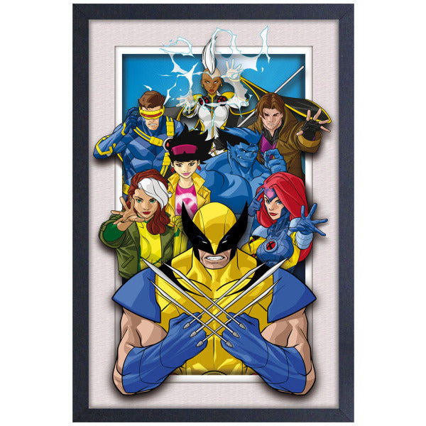 Group of superheroes in colorful costumes with a central character in a yellow and blue suit.