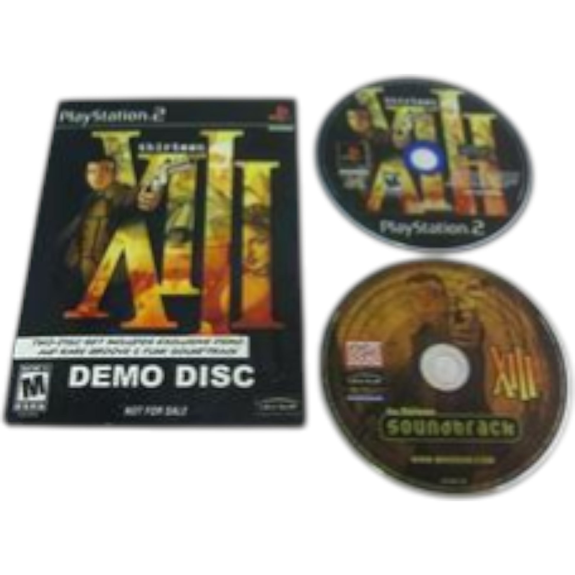 PlayStation 2 game with 'XIII' branding, including a demo disc and soundtrack disc on a white background.
