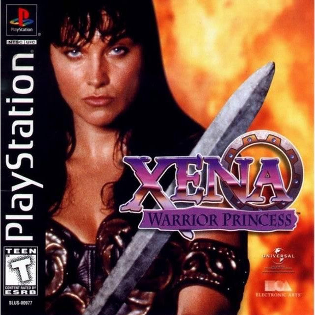 PlayStation game cover of 'Xena: Warrior Princess' featuring a character with a sword against a fiery background.