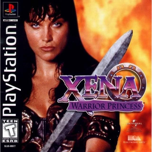 PlayStation game cover of 'Xena: Warrior Princess' featuring a character with a sword against a fiery background.