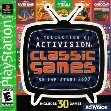 PlayStation game case for 'A Collection of Activision Classic Games for the Atari 2600' with vintage TV graphic.