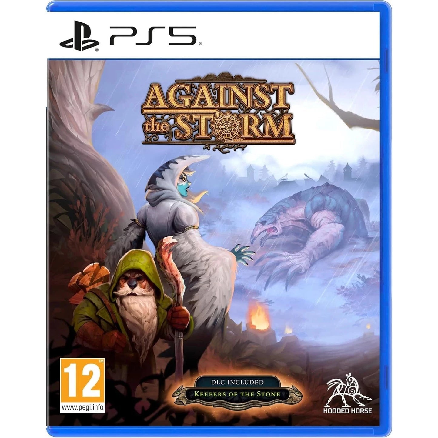 PlayStation 5 game case for 'Against the Storm' with characters and stormy background