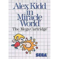 Cover of 'Alex Kidd in Miracle World' for Sega, featuring a character and the Sega logo on a grid background.
