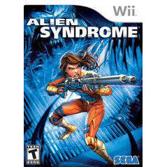Game cover for 'Alien Syndrome' on Wii with a character holding a weapon against a blue background.
