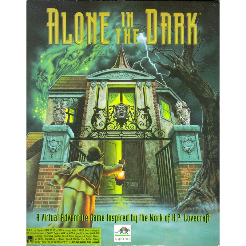 Cover of 'Alone in the Dark' game with a haunted house and person with a lantern.
