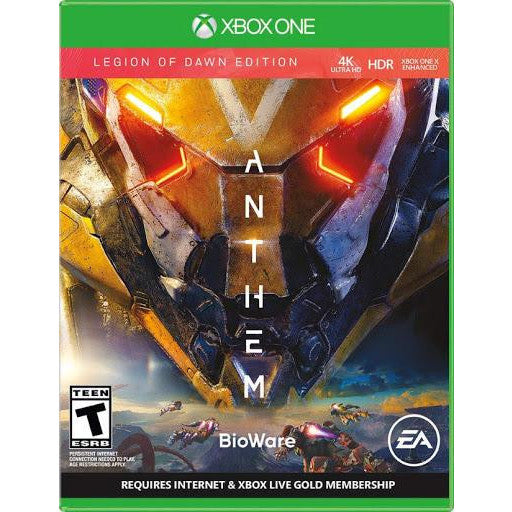 Game cover for 'Anthem' on Xbox One with helmet design and EA logo.