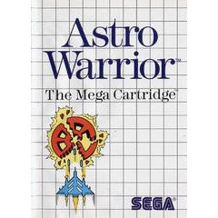 Astro Warrior game cartridge cover for Sega, featuring a retro design with a space ship and grid background.