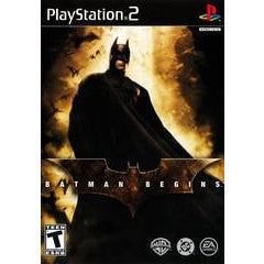 Batman Begins game cover for PlayStation 2 with a dark silhouette of Batman.