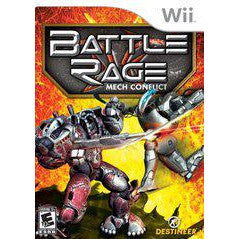 Game box for 'Battle Rage: Mech Conflict' on Wii with robot design and Destineer logo.