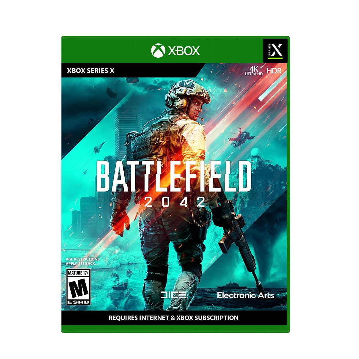 Game box for 'Battlefield 2042' on Xbox Series X with a soldier holding a gun.