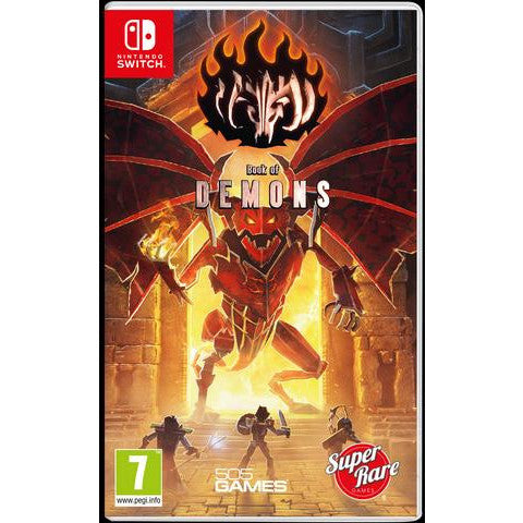 Game cover for 'Book of Demons' on Nintendo Switch with fiery design and characters.