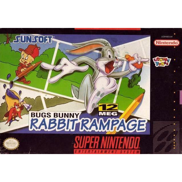 Super Nintendo Entertainment System game cartridge for 'Bugs Bunny Rabbit Rampage'.