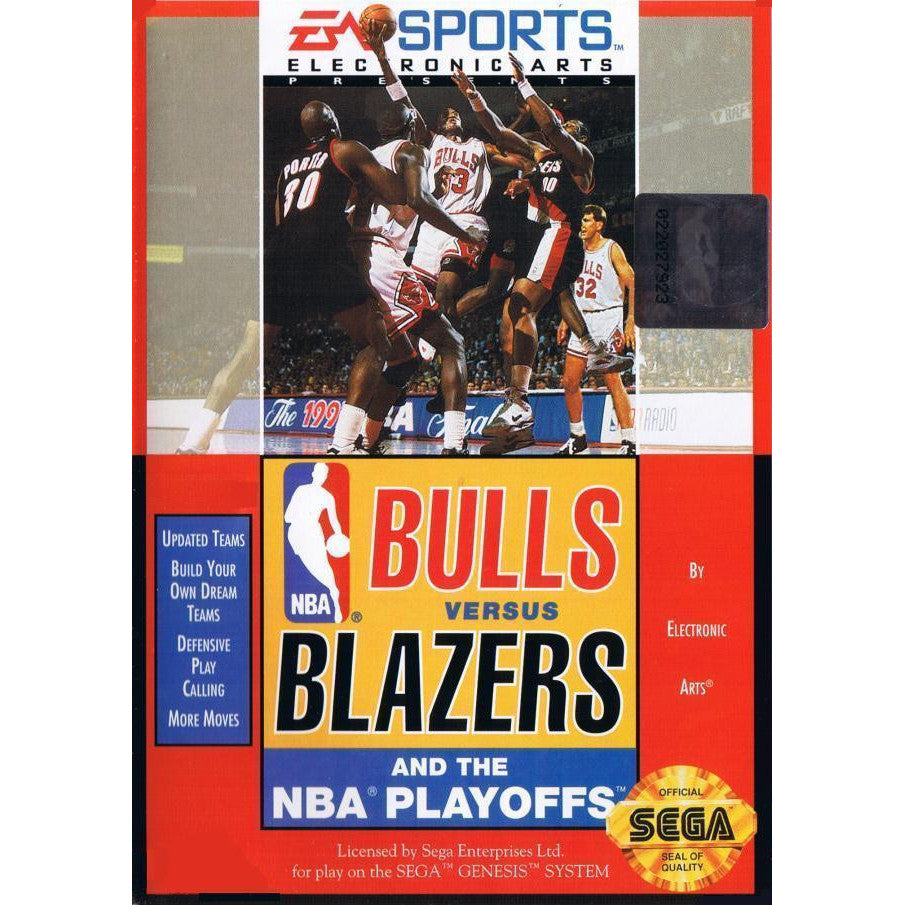 Vintage video game box for 'Bulls Versus Blazers' featuring basketball players and NBA logos.