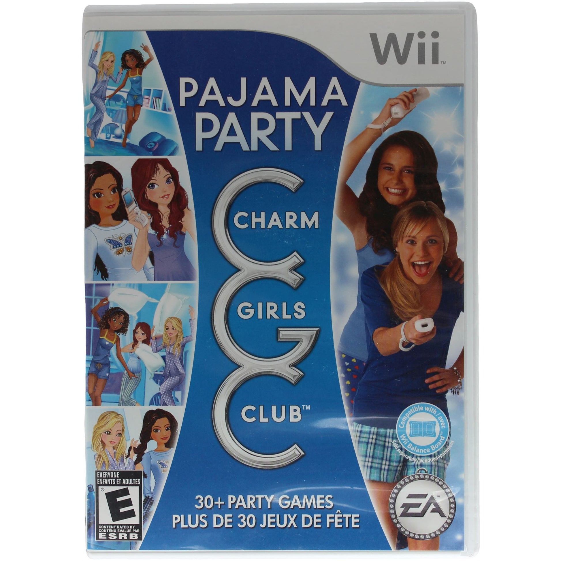 Wii game box for 'Pajama Party Charm Girls Club' with multiple characters and EA logo.