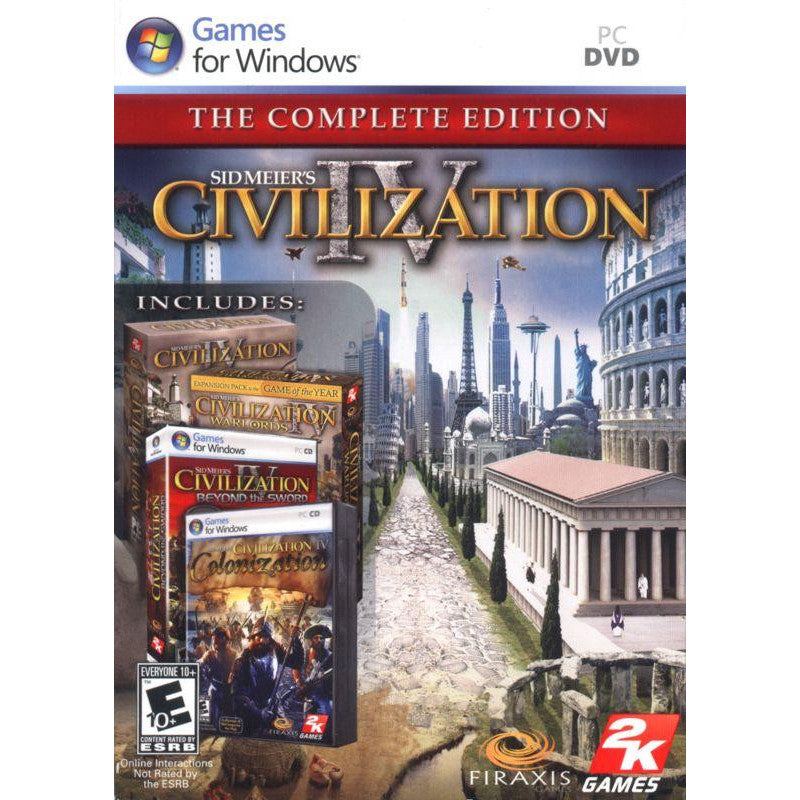 Sid Meier's Civilization IV Complete Edition packaging with game boxes and architectural elements.