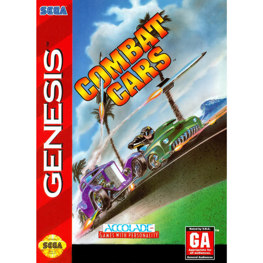 Box cover of 'Combat Cars' for Sega Genesis with racing cars and palm trees.