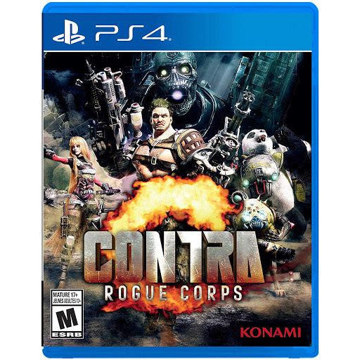 Game case for 'Contra: Rogue Corps' on PS4 with characters and Konami logo.