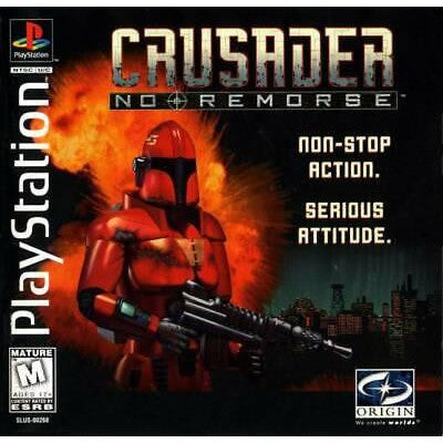 Game cover for 'Crusader: No Remorse' on PlayStation with a character in a red suit and gun.