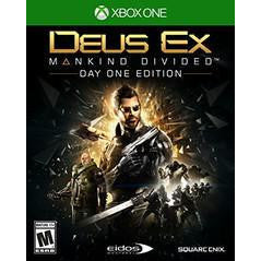 Game box for 'Deus Ex: Mankind Divided' Day One Edition on Xbox One with character and weapon illustration.
