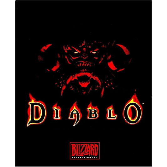 Diablo logo with a demon face on a black background, featuring the Blizzard Entertainment logo.