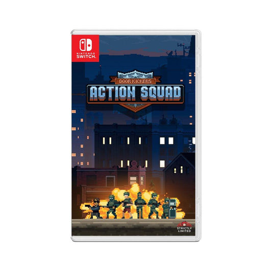 Video game case for 'Action Squad' on Nintendo Switch with a cityscape and characters on fire.