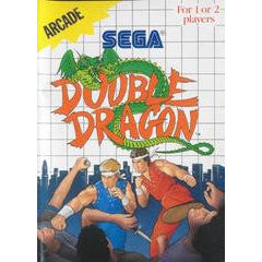 Vintage video game cover for 'Double Dragon' by Sega with characters and cityscape background.
