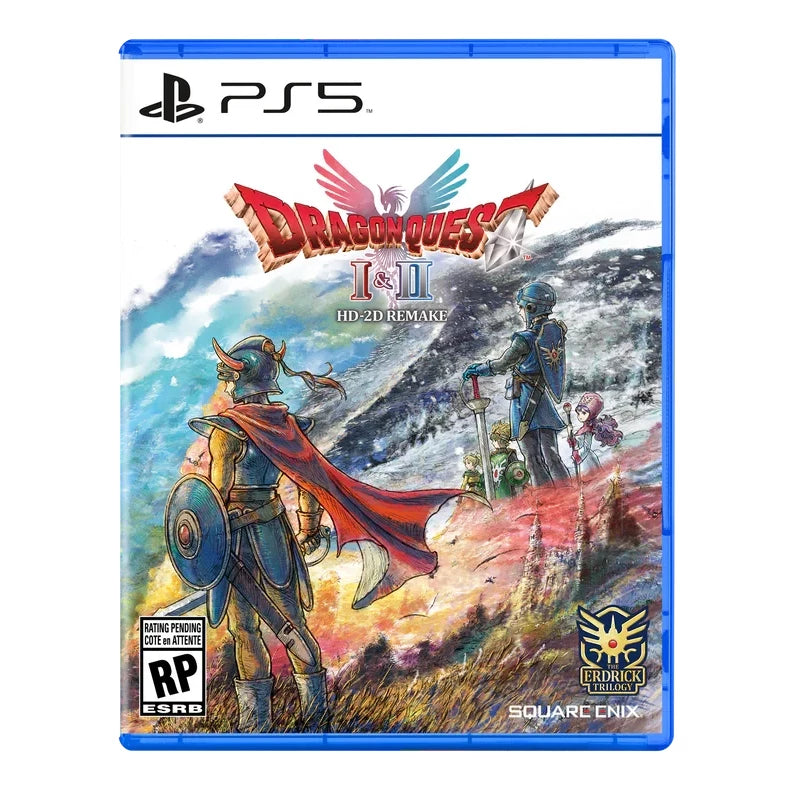 PlayStation 5 game case for 'Dragon Quest I & II HD 2.0 Remake' with characters and mountain landscape.