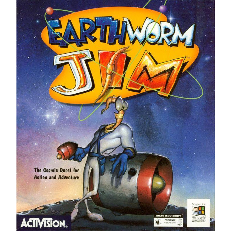 Cover of 'Earthworm Jim' video game with character and Activision logo.