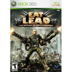 Game cover for 'Eat Lead' featuring a character with mechanical arms and zombies in the background.