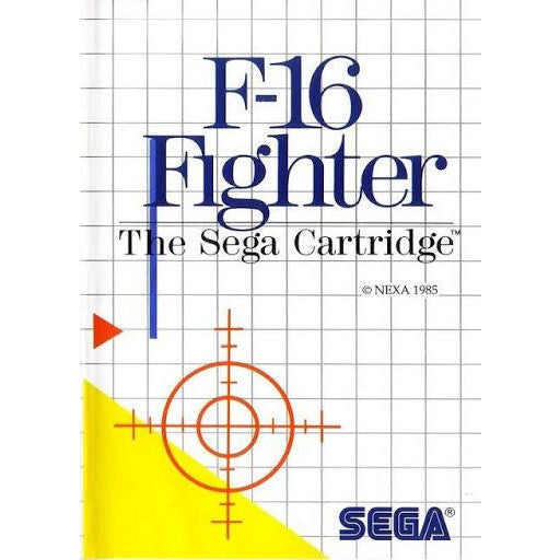 Cover of 'F-16 Fighter' Sega cartridge with grid background and Sega logo.