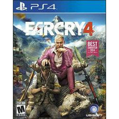 Cover of 'Far Cry 4' game for PS4 with characters and mountainous landscape.