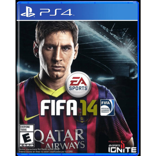 FIFA 14 video game cover for PS4 with EA Sports logo and player in sports jersey.