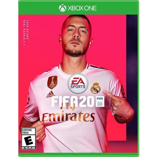 FIFA 20 game cover for Xbox One with a player in a white jersey against a pink background