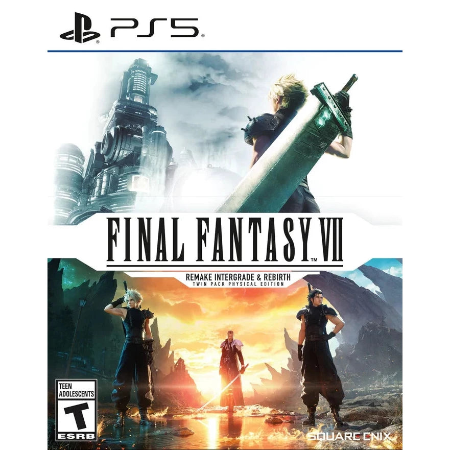 Game cover for 'Final Fantasy VII Remake Intergrade & Rebirth' on PS5 with characters and architecture.